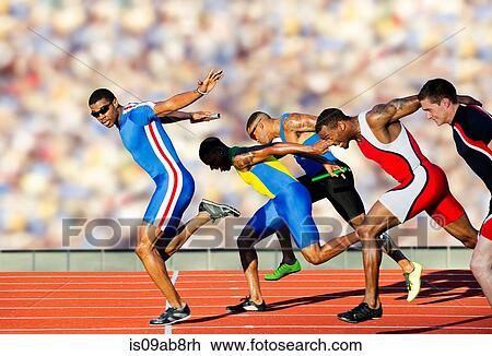 Stock Image - Five athletes running relay race. Fotosearch