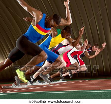 Stock Image - Five athletes starting a sprint race. Fotosearch