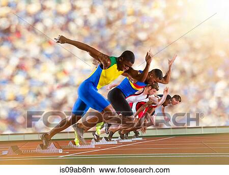 Stock Image - Five athletes starting a sprint race. Fotosearch