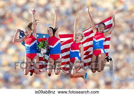 Four American athletes celebrating View Large Photo Image Stock Photo - Four American athletes celebrating. Fotosearch