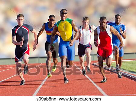 Picture - Six athletes running on race track. Fotosearch