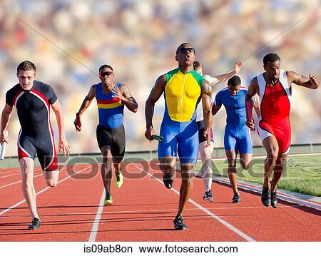 Picture - Six athletes running race. Fotosearch