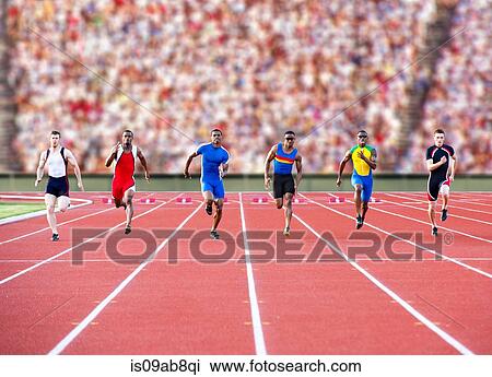 Stock Image - Six athletes running race. Fotosearch