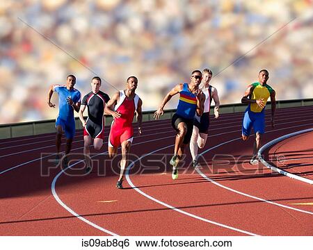 Stock Photograph - Six athletes running race. Fotosearch