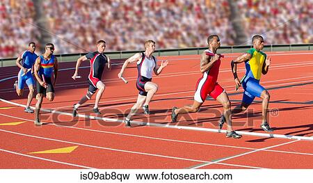Stock Photo - Six athletes running relay race. Fotosearch