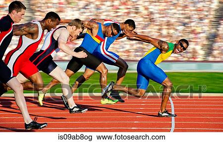 Stock Image - Six athletes starting finishing race. Fotosearch
