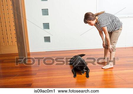 Stock Image - Woman at home with dog. Fotosearch