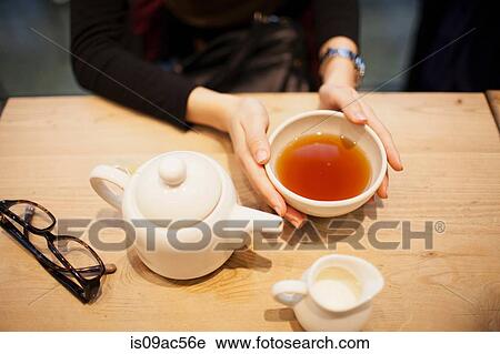 Woman holding cup of tea, high angle View Large Photo Image Stock Image - Woman holding cup of tea, high angle. Fotosearch
