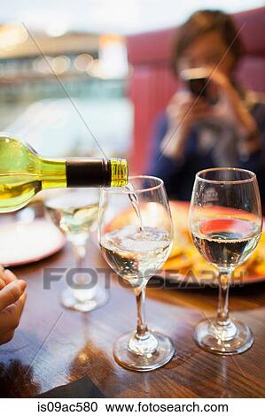 Stock Image - Woman pouring white wine, close up. Fotosearch