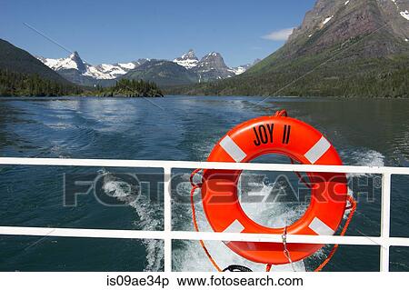 Stock Photography - Boat with lifering, St Mary Lake, Glacier National Park, Montana, USA. Fotosearch
