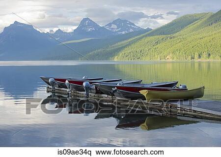 Stock Photography - Moored boats, Lake McDonald, Glacier National Park, Montana, USA. Fotosearch