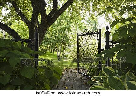 Path and open garden gate in spring View Large Photo Image Stock Image - Path and open garden gate in spring. Fotosearch