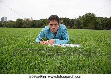 Picture - Young man lying on grass doing homework. Fotosearch