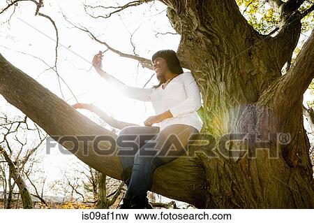 Young woman taking self portrait whilst sitting in park tree View Large Photo Image Stock Photo - Young woman taking self portrait whilst sitting in park tree. Fotosearch