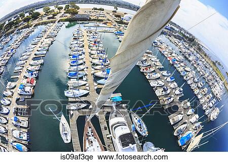 Stock Image - Overhead view of harbor and yachts, San Diego, California, USA. Fotosearch