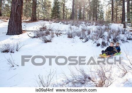 Two young brothers sledging through a forest View Large Photo Image Stock Image - Two young brothers sledging through a forest. Fotosearch