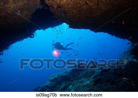 Diver framed by cavern. View Large Photo Image Stock Image - Diver framed by cavern.. Fotosearch