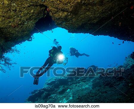 Divers framed by cavern. View Large Photo Image Stock Image - Divers framed by cavern.. Fotosearch