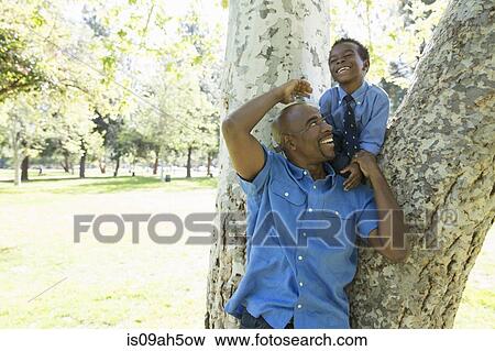 Mature man and son tree climbing in park View Large Photo Image Stock Photo - Mature man and son tree climbing in park. Fotosearch