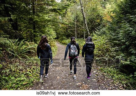 Stock Image - Three young female hikers walking through wood, Squamish, British Columbia, Canada. Fotosearch