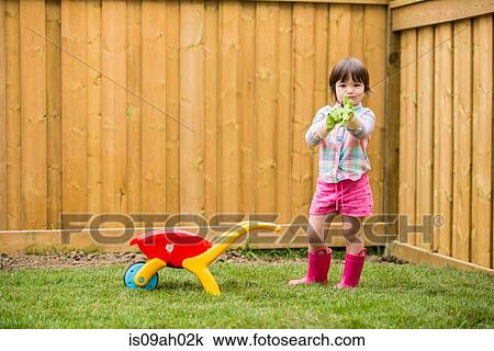 Stock Image - Young girl with toy wheelbarrow putting on gardening gloves. Fotosearch