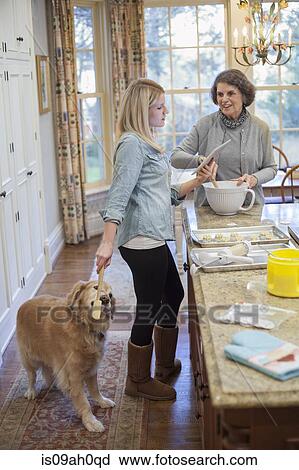 Young woman treating dog whist baking with grandmother View Large Photo Image Stock Image - Young woman treating dog whist baking with grandmother. Fotosearch