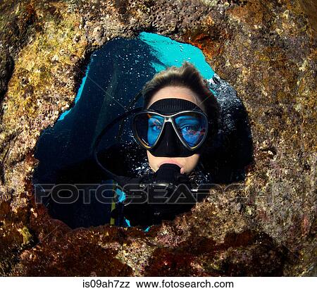 Diver peers through porthole. View Large Photo Image Stock Photo - Diver peers through porthole.. Fotosearch