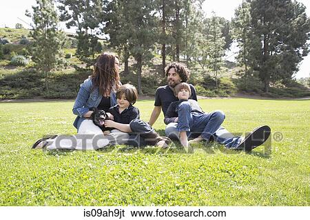 Family with two boys and dog sitting in park View Large Photo Image Stock Photograph - Family with two boys and dog sitting in park. Fotosearch