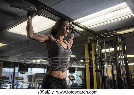 Mid adult woman doing pectoral exercise in gym View Large Photo Image Stock Photo - Mid adult woman doing pectoral exercise in gym. Fotosearch