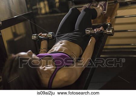 Mid adult woman using dumbbells on weight bench View Large Photo Image Stock Photograph - Mid adult woman using dumbbells on weight bench. Fotosearch