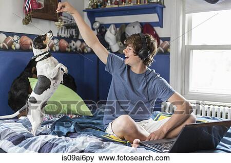 Teenage boy sitting on bed with laptop computer, playing with dog View Large Photo Image Stock Photo - Teenage boy sitting on bed with laptop computer, playing with dog. Fotosearch