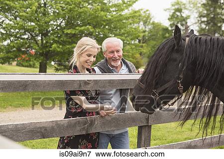 Stock Photo - Mature couple feeding horse through fence. Fotosearch