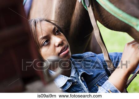 Picture - Rider grooming horse. Fotosearch