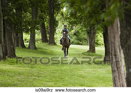 Young woman riding horse through forest View Large Photo Image Stock Photo - Young woman riding horse through forest. Fotosearch