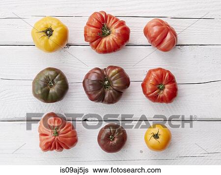 Arrangement of nine heirloom tomatoes View Large Photo Image Stock Photograph - Arrangement of nine heirloom tomatoes. Fotosearch