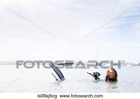 Portrait of mid adult female scuba diver in sea View Large Photo Image Stock Image - Portrait of mid adult female scuba diver in sea. Fotosearch