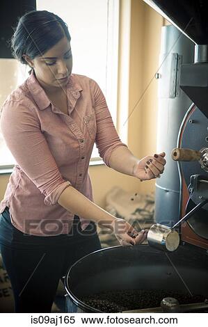 Young woman using industrial coffee roaster View Large Photo Image Stock Photography - Young woman using industrial coffee roaster. Fotosearch