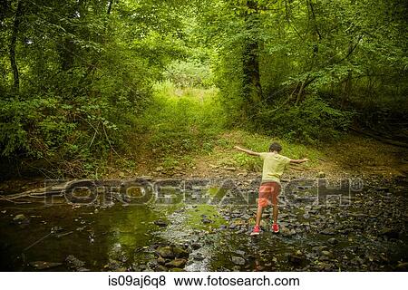 Boy at edge of stream View Large Photo Image Stock Photo - Boy at edge of stream. Fotosearch