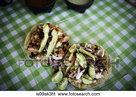 Stock Photograph - Seafood tostadas, close up. Fotosearch