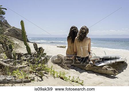 Two young woman sitting on driftwood at beach, surfboard closeby View Large Photo Image Stock Photo - Two young woman sitting on driftwood at beach, surfboard closeby. Fotosearch