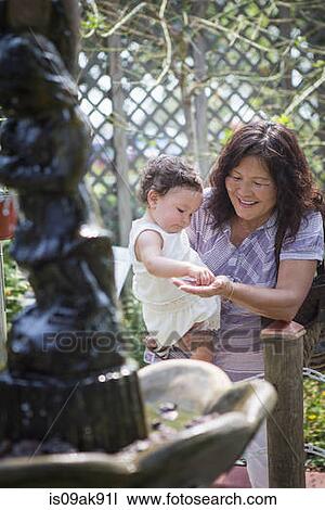 Stock Image - Grandmother and granddaughter feeding at fishpond in zoo. Fotosearch