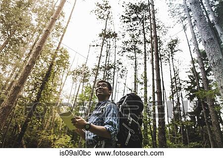 Hiker in forest using digital tablet View Large Photo Image Stock Image - Hiker in forest using digital tablet. Fotosearch