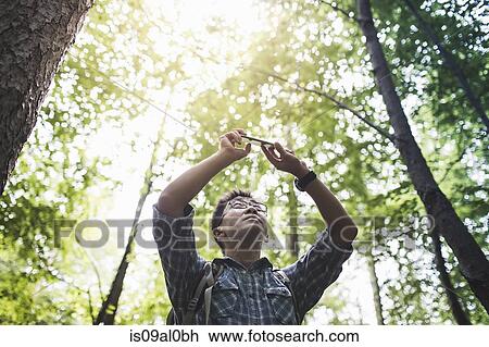 Stock Image - Hiker taking photo on camera phone in forest. Fotosearch