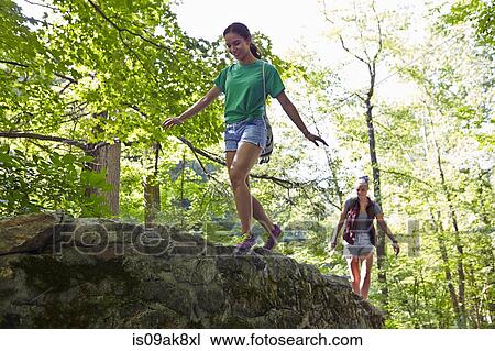 Stock Image - Hikers in forest. Fotosearch