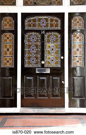 Front door with stained glass windows View Large Photo Image Stock Image - Front door with stained glass windows. Fotosearch
