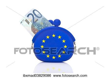 Stock Photograph - 20 euro bill sticking out of a blue purse with euro-stars. Fotosearch