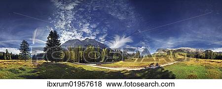 "360 mountain panorama with cumulus clouds in the Wettersteingebirge range, Mt. Suedwand with view on the Mieminger Kette and Wettersteinmassiv mountains in Leutasch, Tyrol, Austria, Europe" View Large Photo Image Stock Photo - "360 mountain panorama with cumulus clouds in the Wettersteingebirge range, Mt. Suedwand with view on the Mieminger Kette and Wettersteinmassiv mountains in Leutasch, Tyrol, Austria, Europe". Fotosearch
