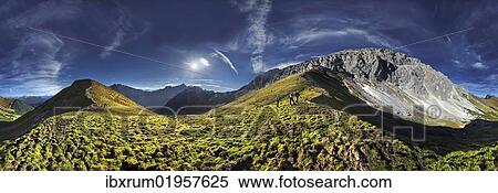 Stock Photography - "360 mountain panorama with hikers in the Wettersteingebirge range, Mt. Suedwand on the Suedwandsteig trail with view and Wettersteinmassiv mountains in Leutasch, Tyrol, Austria, Europe". Fotosearch