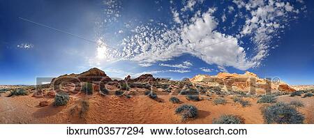Picture - "360 panorama of the red sandstone formations at Rainbow Vista sky with cloudy sky, Valley of Fire, Nevada, United States, North America". Fotosearch