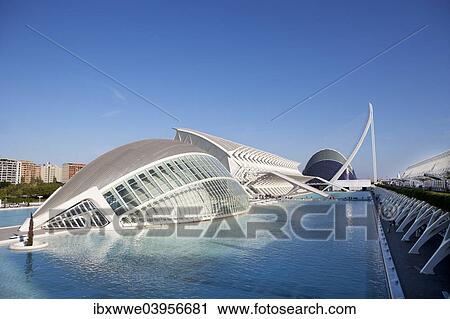 Stock Image - "3D Cinema L'Hemisferic, behind the Museo de las Ciencias and Agora, Ciudad de las Artes y las Ciencias, City of Arts and Sciences, Valencia, Spain, Europe". Fotosearch